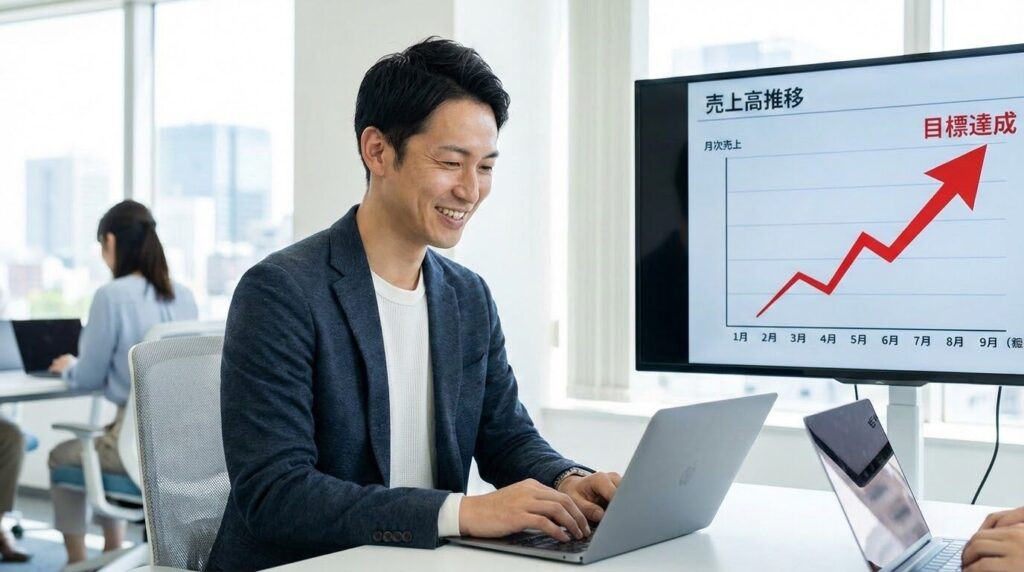 パソコンでブログ記事を執筆しながら、満足そうに売上グラフを眺めるWeb担当者の様子。