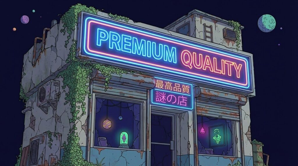 「最高品質」という看板を掲げているが、建物自体はボロボロで中が見えない店舗のイラスト。