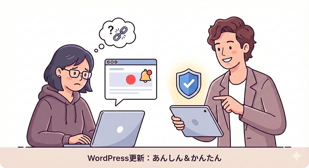 パソコンの画面に表示されたWordPressの更新通知（赤い丸）を不安そうに見つめる女性と、優しくサポートするプロのデザイナーのイラスト