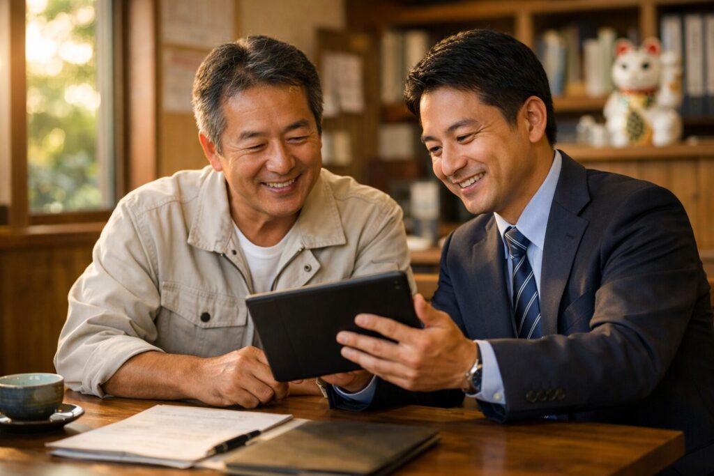落ち着いたカフェやオフィスで、タブレットを一緒に見ながら笑顔で打ち合わせをする店主と専門家