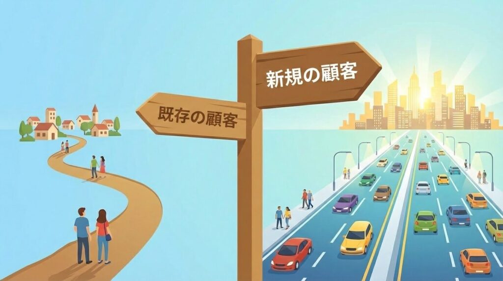分かれ道の看板。「知っている人」と書かれた狭い道と、「新しいお客様」と書かれた広い道のイラスト。