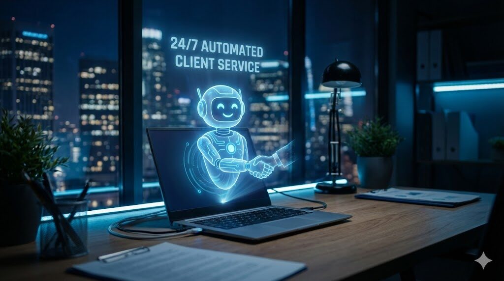 ノートパソコンからホログラムのロボットが現れ、人間の手と握手をしている。