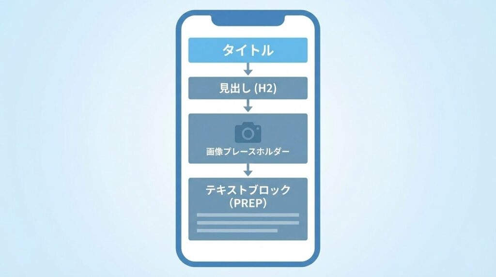 ブログ記事の構成図解。「タイトル」の下に「H2見出し」、その下に「画像」、最後に「PREP法の本文」というブロックが積み重なっているイラスト。