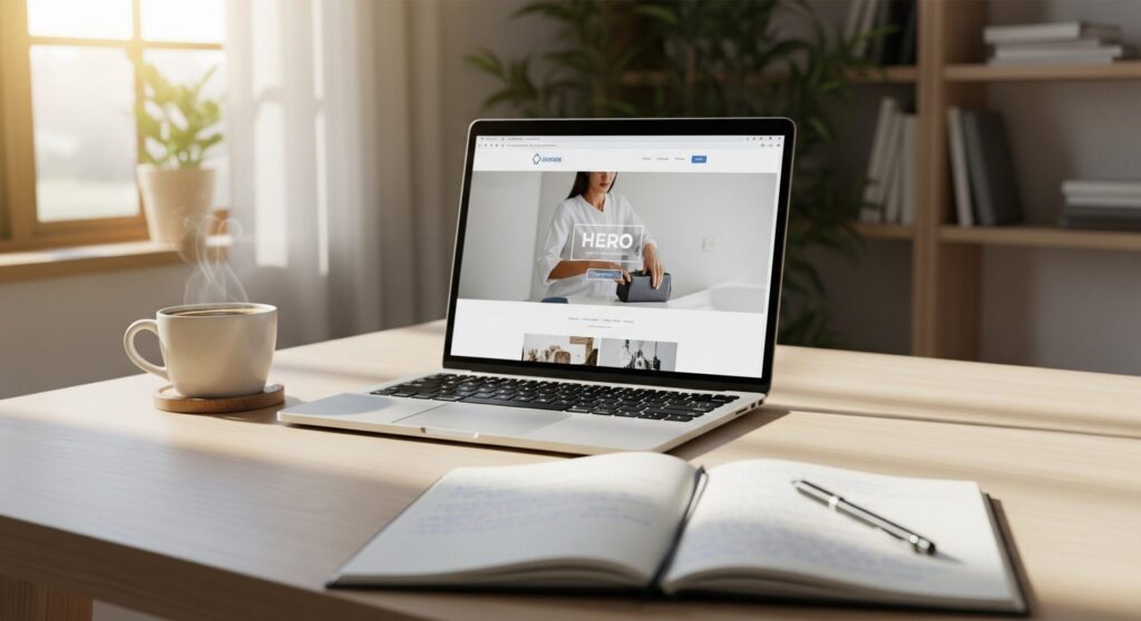 明るい自然光が差し込むデスクで、ノートパソコンと手帳を開き、リラックスした様子で作業をするWebデザイナーの手元。温かみのあるコーヒーカップが横にある。