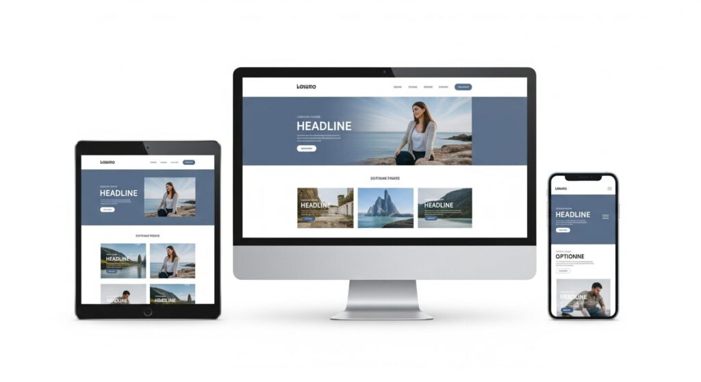  同じWebサイトのデザインが、デスクトップパソコン、タブレット、スマートフォンの3つの異なるデバイスで美しく表示されているイメージ図