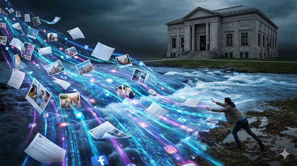 デジタルの情報の洪水が川となって急速に流れ去り、それを男性が追いかけている合成画像。情報の速さや一時性を象徴しており、背景には対照的な石造りの建物がある