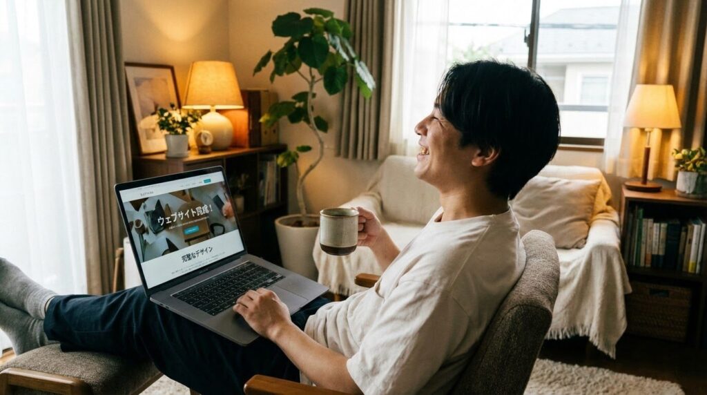 パソコンの前でコーヒーを飲みながらリラックスしている笑顔の人物。画面にはきれいに整ったWebサイトが表示されている