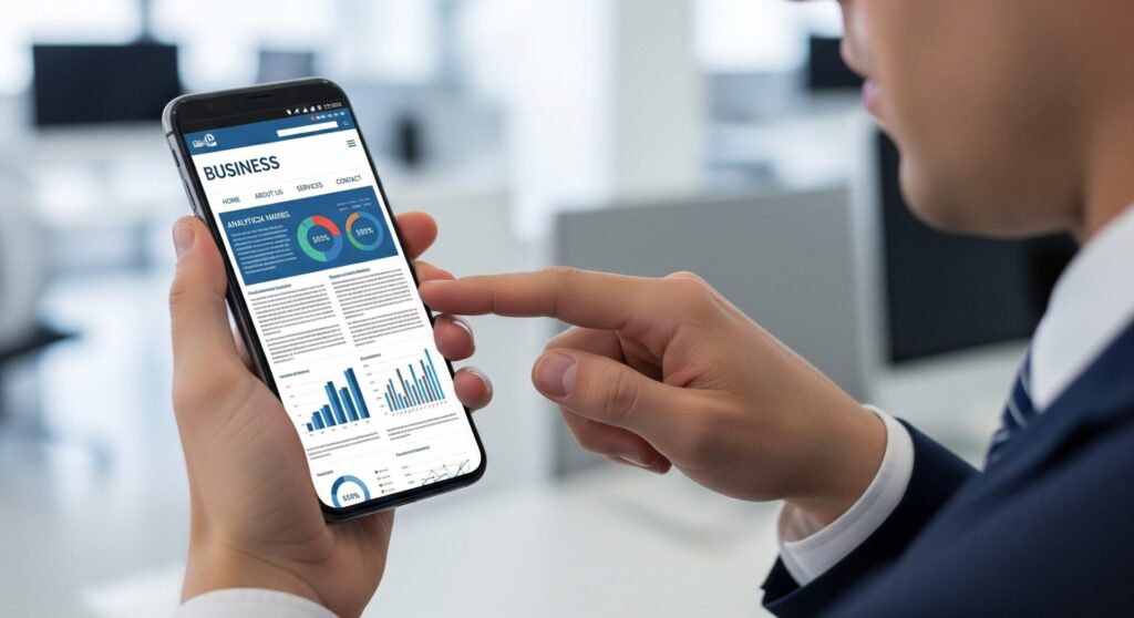 スマートフォンを片手に持ち、画面を見ながら思案しているビジネスパーソンの手元。画面にはグラフやテキストが表示されている。