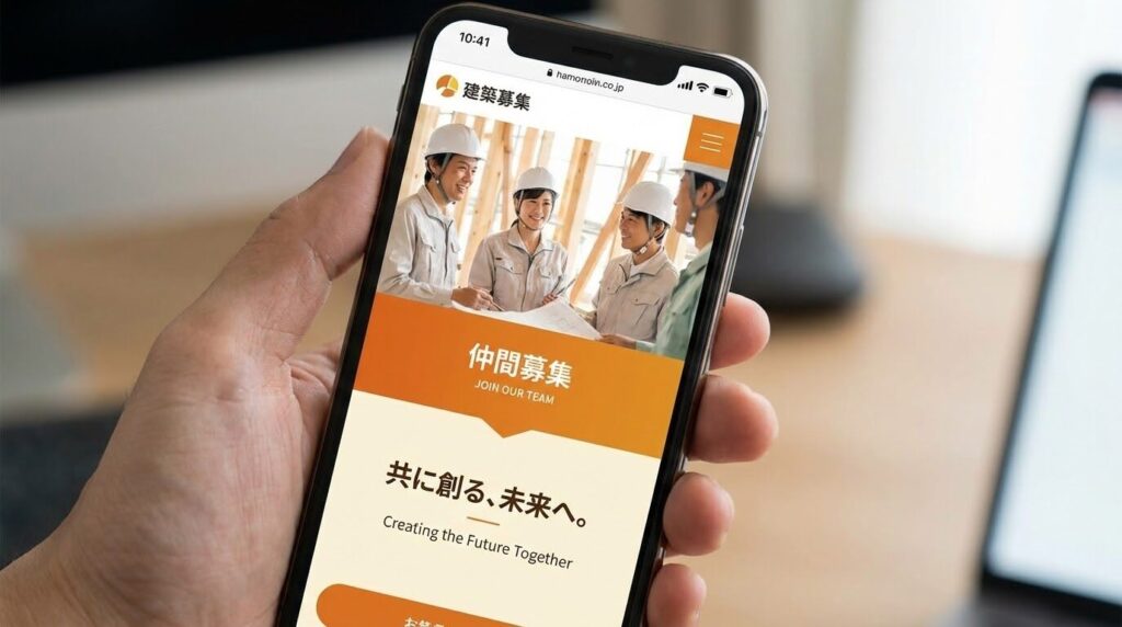 スマートフォンの画面に表示された、笑顔で働くスタッフたちの写真とインタビュー記事。明るく親しみやすいデザインの採用ページ。
