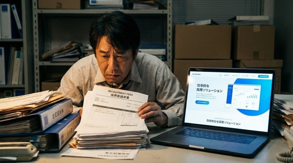 オフィスのデスクで、求人広告の請求書とスケジュール帳を見比べながら頭を抱える経営者。その横でノートパソコンの画面が明るく光り、解決策を示唆しているイメージ。