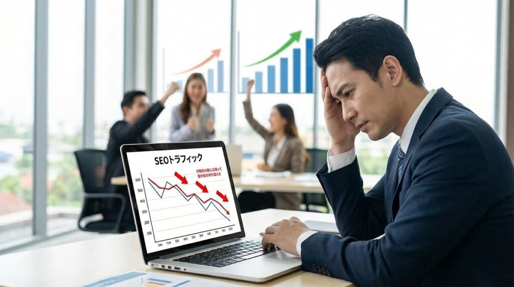  折れ線グラフが右肩下がりに落ちていくPC画面と、その後ろで活気ある競合他社の明るいオフィス風景。